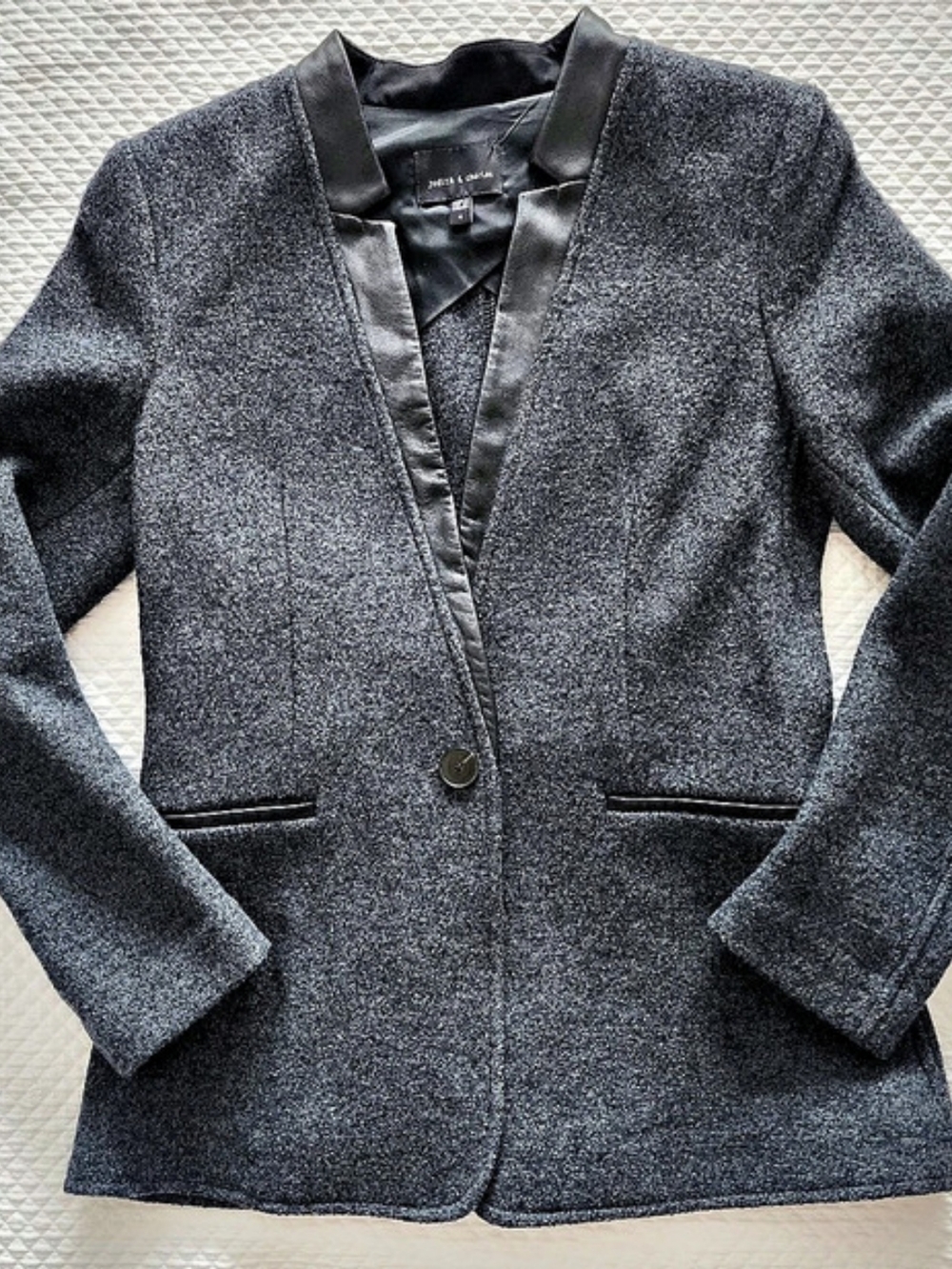 Judith & Charles Charcoal Grey Virgin Wool Blazer Jacket Leather Trim Size 4